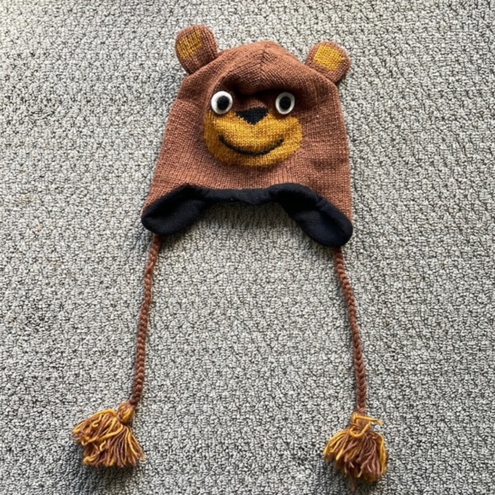 Unisex/Kids Brown & Tan Wool Funny Bear Face Beanie With Pom Pom Strings